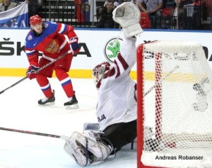 IIHF World Championship 2014  Viktor Tikhonov #10 , Kristers Gudlevskis #50