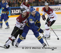 IIHF World Championship 2015 Preliminary Round LAT - SWE Kaspars SAULIETIS (LAT); Elias LINDHOLM (SWE) ⒸWerner Krainbucher/Puckfans.at 