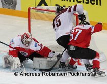 IIHF World Championship 2015 Preliminary Round AUT - LAT Bernhard Starkbaum #29, Janis Sprukts #5, Konstantin Komarek #67 © Andreas Robanser/Puckfans.at