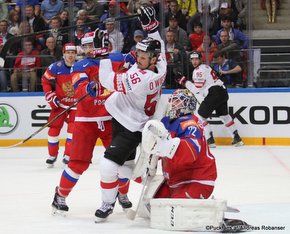 2016 IIHF World Championship Russia, VTB Ice Palace, Moscow  RUS - SUI Vyacheslav Voynov #26, Dino Wieser #56, Sergei Bobrovski #72 ©Puckfans.at/Andreas Robanser