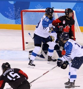 Olympic Winter Games Pyeongchang 2018 Women: CAN - FIN Mélodie Daoust #15, Ronja Savolainen #88, Minnamari Tuominen #15 Kwandong Hockey Centre ©Andreas Robanser