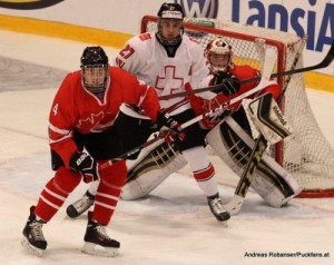 IIHF U18 World Championship 2014 Finland  1/4Final CAN-SUI  Haydn Fleury #4 , Noah Rod #27 , Mason McDonald #30