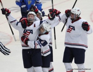 IIHF U18 World Championship 2014 Finland  USA-FIN Jack Eichel #11, Brandon Fortunato #5 , Antti Kauppinen #14