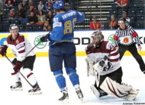 IIHF World Championship 2014  Kristaps Sotnieks #11, Nikolai Antropov #80, Edgars Masalskis #31, Igor Dremelj (REF)