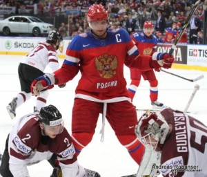 IIHF World Championship 2014  Rodrigo Lavins #2 , Alexander Ovechkin #8 , Kristers Gudlevskis #50