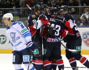 Slovan Bratislava - Barys Astana Talgat Zhailauov  #8, Andrej Kudrna #23,  Tomas Surovy #43, Andrej Stastny #59 © Andreas Robanser/Puckfans.at 