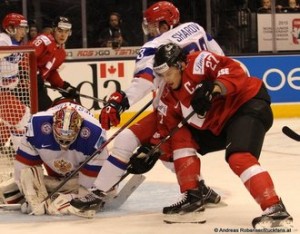 IIHF World Junior Championship 2015  SUI - RUS  Timo Meier #28, Igor Shestyorkin  #30,  Alexander A. Sharov #23, Yannick Rathgeb #27 © Andreas Robanser/Puckfans.at 