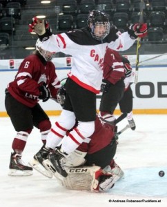 IIHF U18 World Championship CAN - LAT Karlis Cukste #6, Jansen Harkins #12 © Andreas Robanser/Puckfans.at
