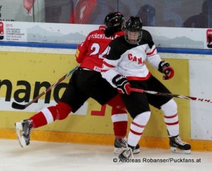 IIHF U18 World Championship SUI - CAN Jonas Siegenthaler #24, Pierre Luc Dubois #8 © Andreas Robanser/Puckfans.at 