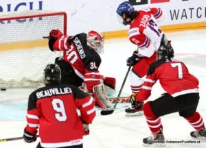 IIHF U18 World Championship CZE - CANZach Sawchenko #30,  Anthony Beauvillier #9, Pavel Zacha #13 © Andreas Robanser/Puckfans.at 