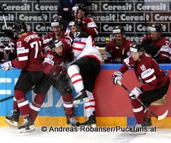 IIHF World Championship 2015 Preliminary Round CAN - LAT Gunars Skvorcovs #73, Koba Jass #90, Sidney Crosby #87, Rodrigo Abols #18 © Andreas Robanser/Puckfans.at