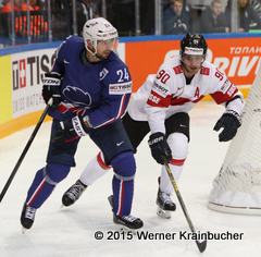 IIHF World Championship 2015 Preliminary Round FRA - SUI Julien DESROSIERS (FRA); Roman JOSI (SUI) ⒸWerner Krainbucher/Puckfans.at