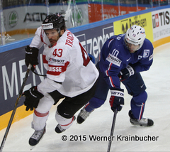 IIHF World Championship 2015 Preliminary Round FRA - SUI Morris TRACHSLER (SUI); Laurent MEUNIER (FRA) ⒸWerner Krainbucher/Puckfans.at  