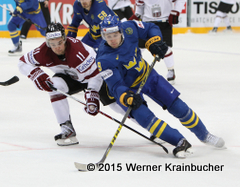 IIHF World Championship 2015 Preliminary Round LAT - SWE Kristaps SOTNIEKS (LAT); Filip FORSBERG (SWE) ⒸWerner Krainbucher/Puckfans.at