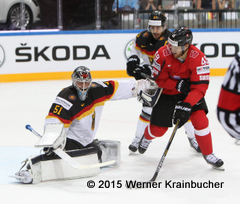 IIHF World Championship 2015 Preliminary Round SUI - GER Timo PIELMEIER (GER); Matthias BIEBER (SUI) ⒸWerner Krainbucher/Puckfans.at 