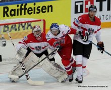 IIHF World Championship 2015 Preliminary Round CZE - AUT Bernhard Starkbaum #29, Jakub Voracek #93, Mario Altmann #41 © Andreas Robanser/Puckfans.at