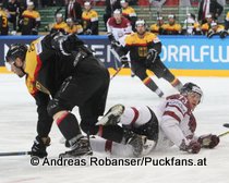 IIHF World Championship 2015 Preliminary Round GER - LAT Matthias Plachta #22, Gunars Skvorcovs #73 © Andreas Robanser/Puckfans.at 