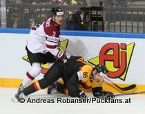 IIHF World Championship 2015 Preliminary Round GER - LAT Maksims Sirokovs #3, Daniel Pietta #86 © Andreas Robanser/Puckfans.at 
