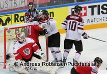 IIHF World Championship 2015 Preliminary Round AUT - LAT Bernhard Starkbaum #29, Kristaps Sotnieks #11, Lauris Darzins #10, Alexander Pallestrang #90 © Andreas Robanser/Puckfans.at 