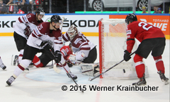 IIHF World Championship 2015  Preliminary Round SUI - LAT Guntis Galvins #13, Andris Dzerins #25, Edgars Masalskis #31, Reto Suri #26 ⒸWerner Krainbucher/Puckfans.at 