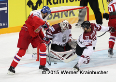 IIHF World Championship 2015 Preliminary Round LAT - CZE Jaromir JAGR (CZE), Edgars MASALSKIS (LAT); Gunars SKVORCOVS (LAT) ⒸWerner Krainbucher/Puckfans.at  