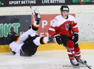 IIHF U20 World Championship Div I Group A Albert Schultz-Eishalle GER - AUT John ROGL (GER) & Lukas HAUDUM (AUT) Werner Krainbucher/IIHF.com