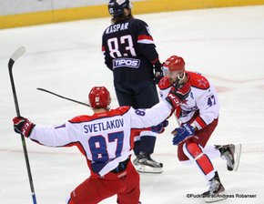 KHL West Conference 1/4 Final Game 4 Slovan Bratislava - CSKA Moskau Andrei Svetlakov #87, Alexander Radulov #47, Lukas Kaspar #83 ©Puckfans.at/Andreas Robanser