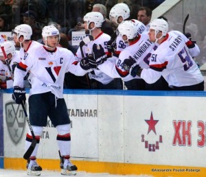 KHL West Conference 1/4Finals Game 2 CSKA Moskau Slovan Bratislava Tomas Surovy #43, Tomas Kundratek #84, Ivan Svarny #51 ©Alexandre Pouliot-Roberge