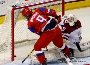 2016 IIHF U18 World Championship RUS - LAT Ralph Engelstad Arena, Grand Forks Mikhail Bitsadze #9, Gustavs Davis Grigals  #29 ©Puckfans.at/Andreas Robanser