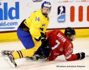 2016 IIHF U18 World Championship SUI - SWE Ralph Engelstad Arena, Grand Forks Erik Brännström #14, Kaj Suter #7 ©hockeyfans.ch/Andreas Robanser