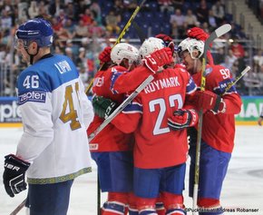 2016 IIHF World Championship Russia, Ice Palace, Moscow KAZ - NOR Martin Roymark #22,Thomas Valkvæ Olsen #93, Alexander Lipin #46 ©hockeyfans.ch/Andreas Robanser