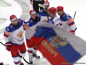 2016 IIHF World Championship Russia, Ice Palace, Moscow KAZ - RUS Anton Belov #77, Sergei Mozyakin #10, Roman Lyubimov #23, Pavel Datsyuk #13 ©Puckfans.at/Andreas Robanser