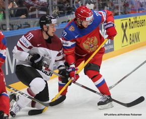 2016 IIHF World Championship Russia, Ice Palace, Moscow LAT - RUS Miks Indrasis #70, Nikita Zaitsev #22 ©Puckfans.at/Andreas Robanser