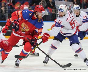 2016 IIHF World Championship Russia, VTB Ice Palace, Moscow RUS - NOR Ivan Telegin #7, Ole-Kristian Tollefsen #55 ©Puckfans.at/Andreas Robanser