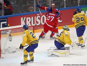 2016 IIHF World Championship Russia, VTB Ice Palace, Moscow RUS - SWE Artemi Panarin #27, Yevgeni Dadonov #63, Jacob Markström #25, Erik Gustafsson #29 ©Puckfans.at/Andreas Robanser