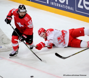 2016 IIHF World Championship Russia, Ice Palace, Moscow SUI - DEN Eric Blum #58, Lars Eller #81 ©Puckfans.at/Andreas Robanser