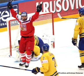 2016 IIHF World Championship Russia, Ice Palace, Moscow SWE - CZE Jacob Markström #25, Michal Repik #62, Patrick Cehlin #7, Adam Larsson #5 ©Puckfans.at/Andreas Robanser