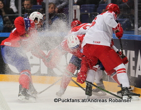 2016 IIHF World Championship Russia, Ice Palace, Moscow NOR - DEN Lars Eller #81, Anders Bastiansen #20, Ken Andre Olimb #40 ©hockeyfans.ch/Andreas Robanser