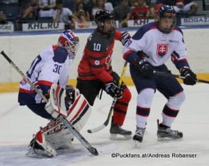 Ivan Hlinka Memorial 2016 SVK - CAN Bratislava Slovnaft Arena  Juraj Sklenar #30, Greg Meireles #10 ©Puckfans.at/Andreas Robanser