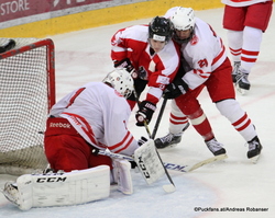 2.Test: AUT U20 - POL U20 Albert Schultz-Eishalle Mateusz Studzinski #1, Lukas haudum #21, Tomasz Skokan #21 ©Puckfans.at/Andreas Robanser