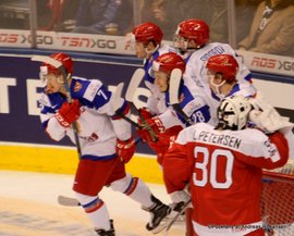 IIHF World Juniors Championship 2017 1/4Final DEN - RUS Mikhail Sidorov #3, Kirill Kaprizov #7, Mikhail Vorobyov #24, Lasse M. Petersen #30 Air Canada Center, Toronto ©Puckfans.at/Andreas Robanser