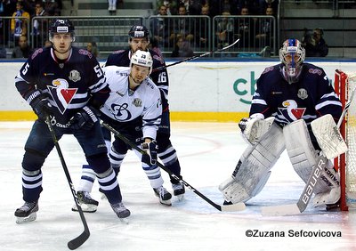 HC Slovan Bratislava - Dynamo Moskau Patrik Bacik #5, Daniil Tarasov #79, Andrej Meszaros #16, Marek Mazanec #2 Copyright: Zuzana Sefcovicova