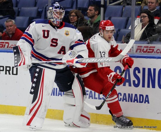 IIHF World Juniors 2018 DEN - USA Joseph Woll #31, Christian Wejse #13 Key Bank Center ©hockeyfans.ch/Andreas Robanser