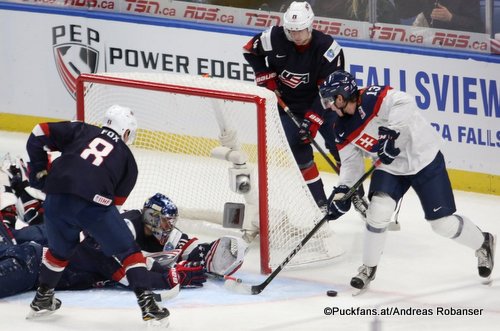 IIHF World Juniors 2018 USA - SVK Joseph Woll #31, Adam Fox #8, Samuel Bucek #13 Key Bank Center ©Puckfans.at/Andreas Robanser