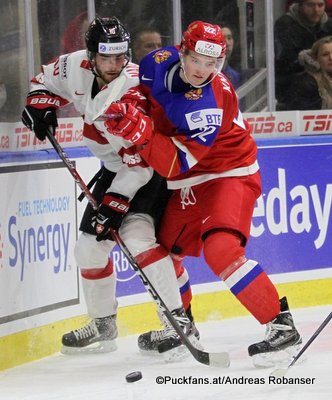 IIHF World Juniors 2018 RUS -SUI Marco Miranda #10, Nikolai Knyzhov #22, Philipp Kurashev #23 Harbor Center ©Puckfans.at/Andreas Robanser