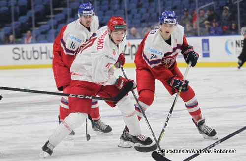 IIHF World Juniors 2018 CZE-BLR  Martin Kaut #16, Vladislav Ryadchenko  #10, Kristian Reichel #22 Key Bank Center ©Puckfans.at/Andreas Robanser