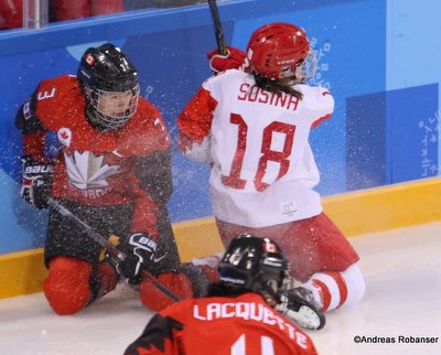 Olympic Winter Games Pyeongchang 2018 Women: CAN - RUS Jocelyne Larocque #3, Olga Sosina #18 Kwandong Hockey Centre ©Andreas Robanser