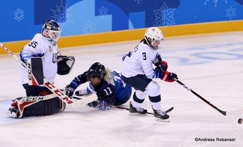 Olympic Winter Games Pyeongchang 2018 Women: FIN - USA Maddie Rooney  #35, Cayla Barnes #3, Annina Rajahuhta  #11 Kwandong Hockey Centre ©Andreas Robanser