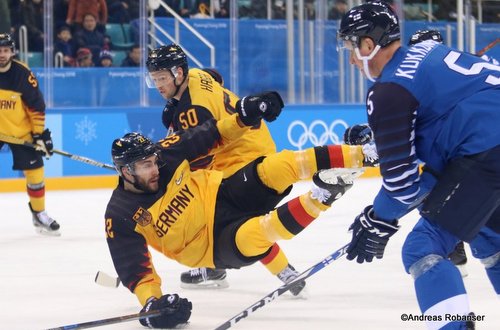 Olympic Winter Games Pyeongchang 2018 FIN - GER Patrick Hager #50, Matthias Plachta #22, Lasse Kukkonen #5 Gangneung Hockey Centre ©Andreas Robanser