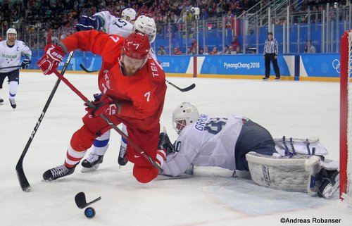 Olympic Winter Games Pyeongchang 2018 Men: RUS - SLO Ivan Telegin #7, Luka Gracnar #40 Gangneung Hockey Centre ©Andreas Robanser